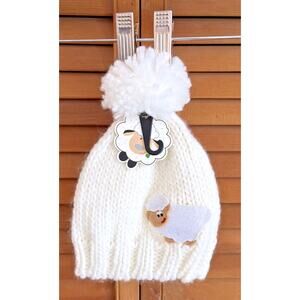 Traditional Craft Irish Celtic Knit Baby Bobble Hat 1-2 Years with Sheep Patch.
